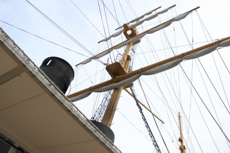 Framework stanchions and many roaps seen on the mast of a sailing ship
